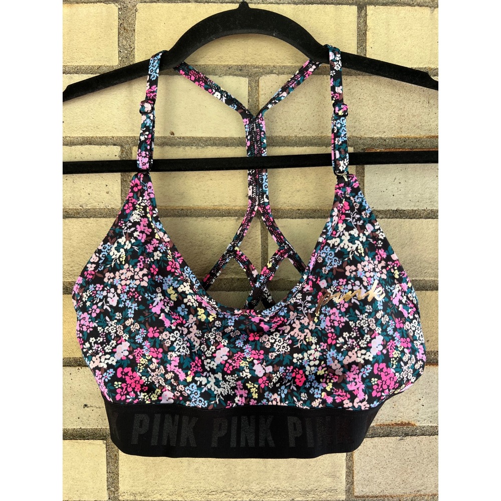 Pink Sport Victoria's Secret Floral Strappy Racerback Sports Bra Black Small